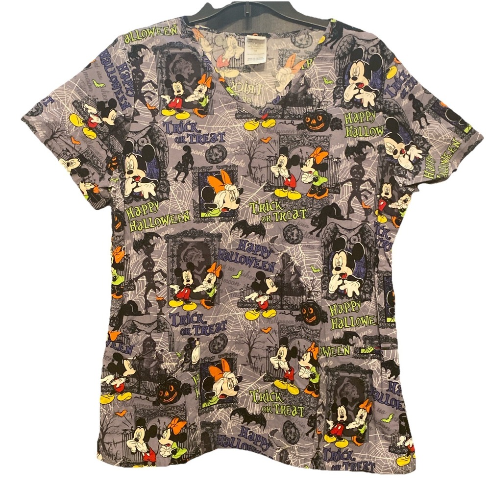 Disney Halloween Scrub Top Women's Size Medium Cotton Mickey Minnie Mouse